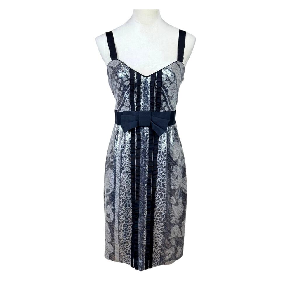 Diane Von Furstenberg DVF Grey and Black Sequin Ariba Zip Up Bow Sheath Dress